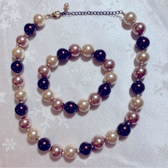 Jewel Tone Knotted Faux Pearl Glass Bead Necklace 16” & Flex Bracelet slight scr - Picture 2 of 3